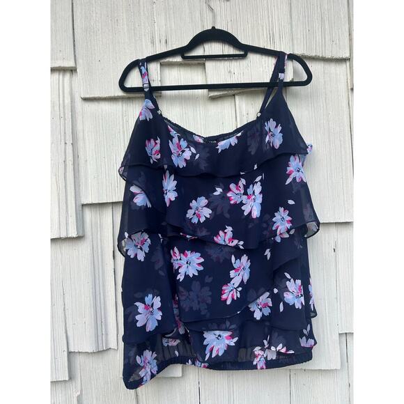 Torrid Chiffon Layered Floral Print Cami Top Ruffled Sleeveless Blue Pink Sz 5 - Picture 2 of 6